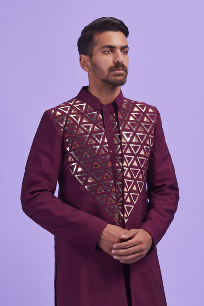 Mens Noor Wine Cotton Silk Triangle Embroidered Bandi Set