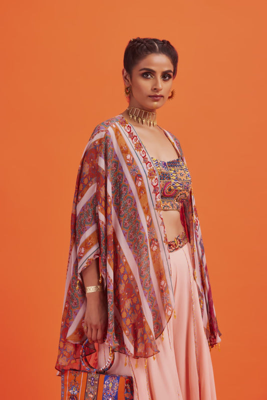 Womens Noor Peach Georgette Sharara Set With Cape
