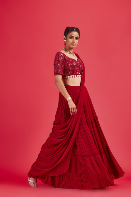 Womens Noor Red-Georgette Skirt Saree with Blouse