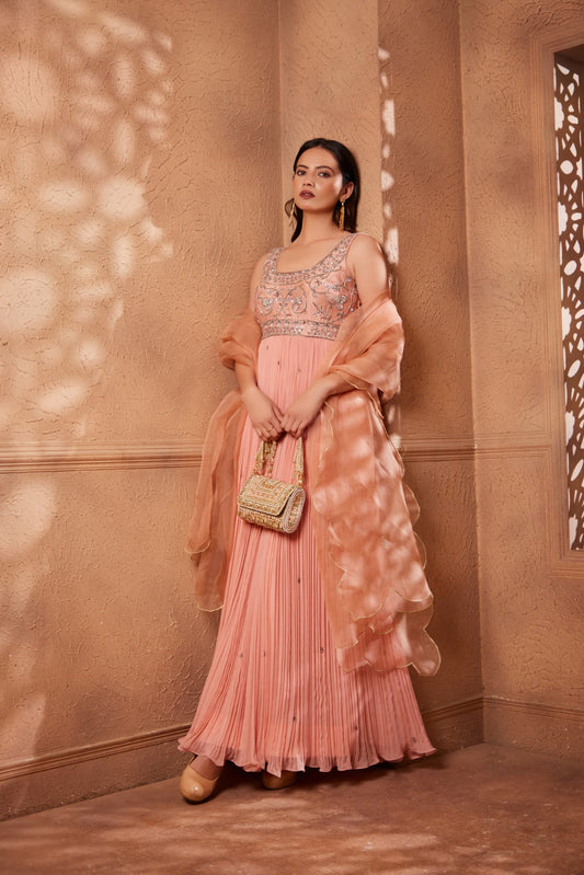 Women Wearing Blossom Pink Georgette Anarkali Set