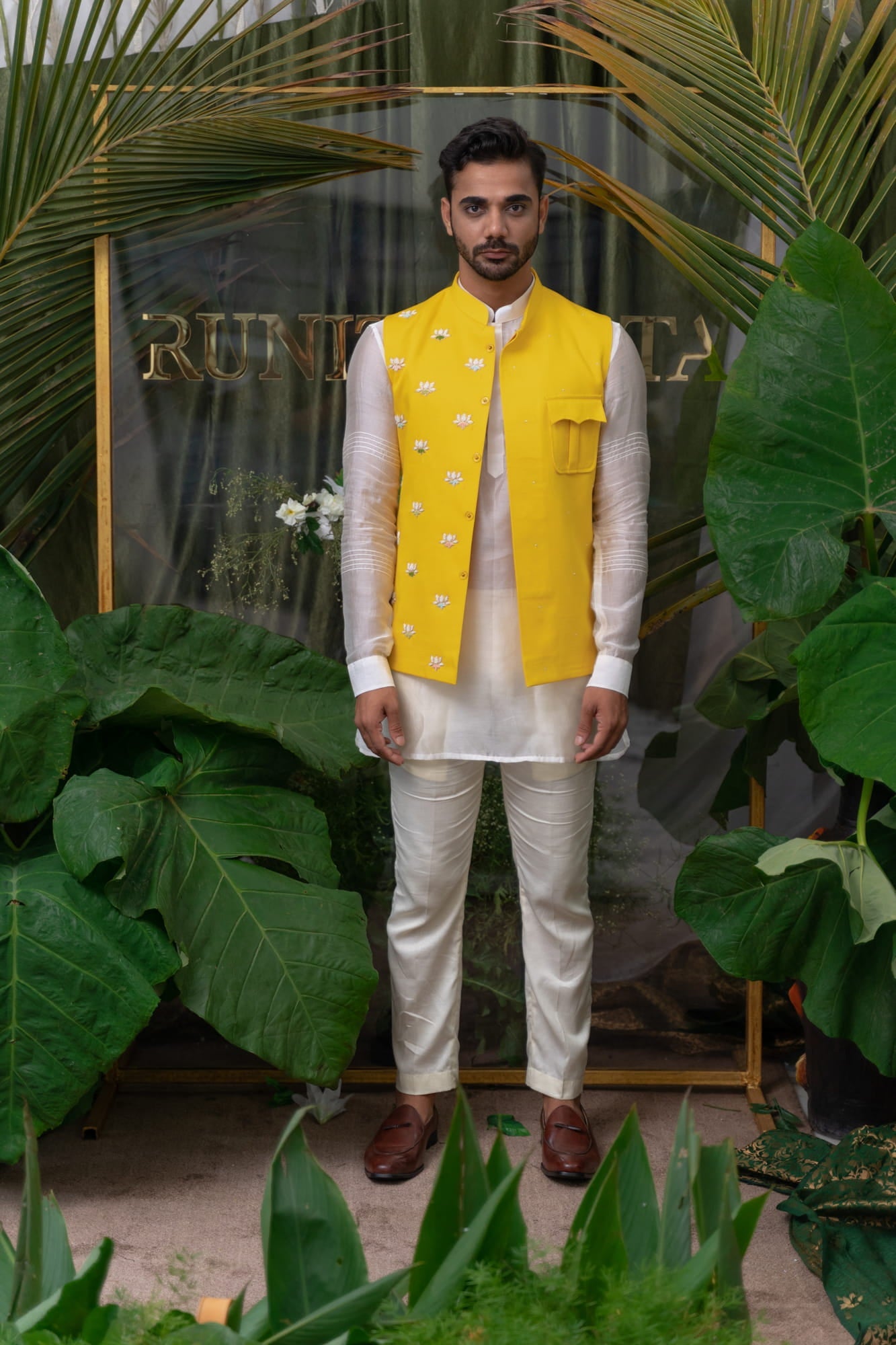 Men Wearing Yellow Embroidered Jacket