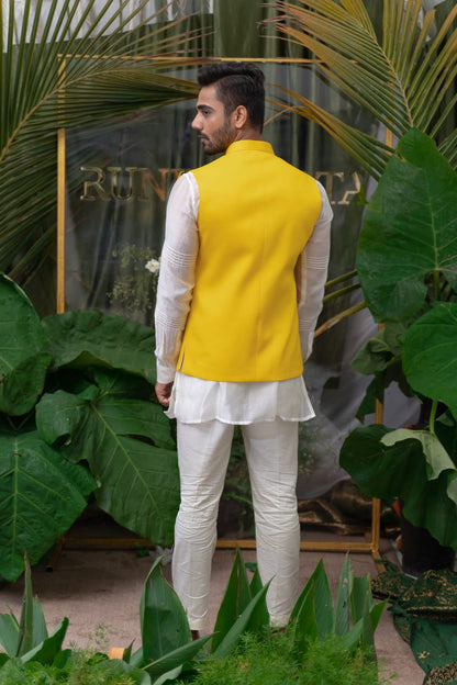 Mens Pintucked White Chanderi Kurta Set