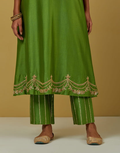 Womens Kesari Green Chanderi Kurta with Pants